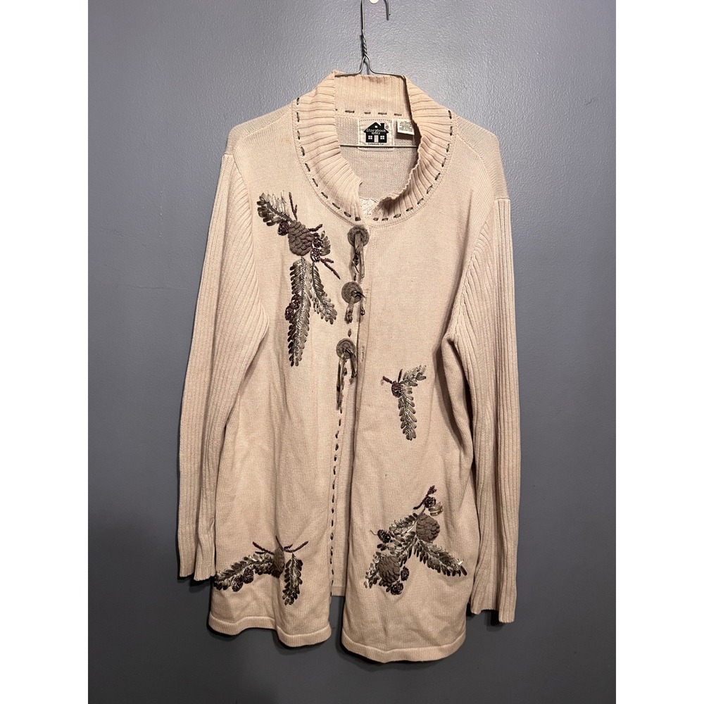 Vintage Storybook Knits Cream Cardigan Embroidered & Sequins Silver Wolf Sz 1X